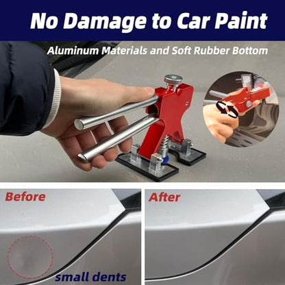 Auto Body Dent Puller Kit for Dent Removal with Red Dent Lifter,T-Bar,Slide Hammer,Bridge Puller and More for Paintless Dent Removal Kit (104pcs-with dent Light)