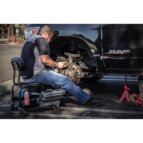 Powerbuilt Professional Mechanics Roller Seat, Heavy Duty Padded Detailer Seat and Backrest, Sliding Storage Drawers, Tool Tray, Can Holders, 4-Inch Swivel Wheels - size: Sliding Storage Drawers