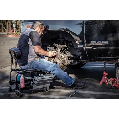 Powerbuilt Professional Mechanics Roller Seat, Heavy Duty Padded Detailer Seat and Backrest, Sliding Storage Drawers, Tool Tray, Can Holders, 4-Inch Swivel Wheels - size: Sliding Storage Drawers