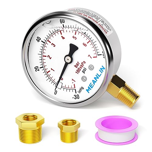 MEANLIN MEASURE -30inHG~100Psi Stainless Steel 1/4" NPT 2.5" FACE DIAL Vacuum Pressure Gauge, Lower Mount, with 1/2" NPT and 3/8" NPT Hex Bushing - size: -30inHG-100Psi
