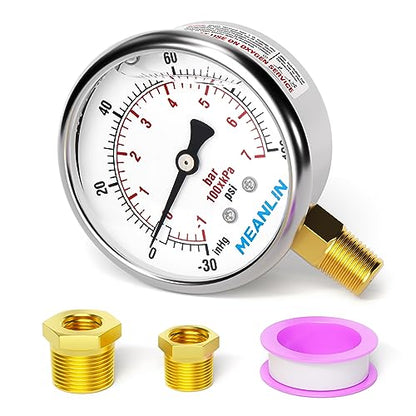 MEANLIN MEASURE -30inHG~100Psi Stainless Steel 1/4" NPT 2.5" FACE DIAL Vacuum Pressure Gauge, Lower Mount, with 1/2" NPT and 3/8" NPT Hex Bushing - size: -30inHG-100Psi