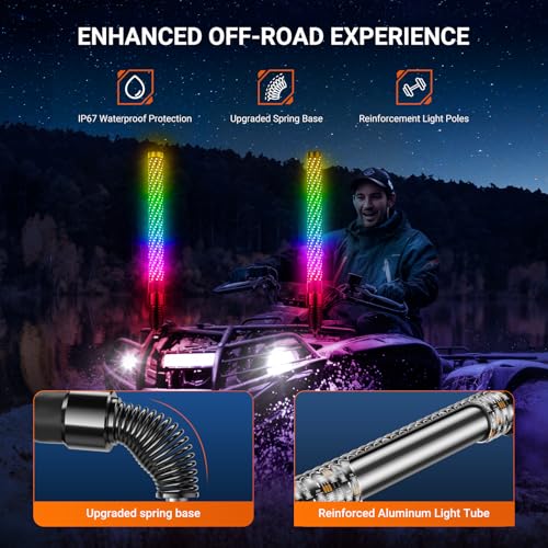 Ehaho 2PCS 4FT Fat Whip Lights for UTV ATV with Spring Base, Led Fatty Whip Light W/Rocker Switch & 6 Flags, Brighter Spiral Chasing Lighted Antenna Whip with APP & Remote Control for RZR SXS Can-Am - size: 4FT-2PCS