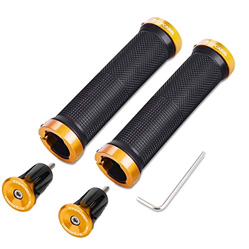 TOPCABIN Double Lock Bicycle Handlebar Grips - Rubber Comfortable BMX Mountain Bike Grips - color: Gold+Aluminum plug