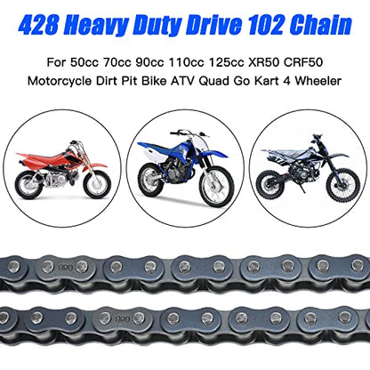 YOXUFA 428 Motorcycle Chain 102 Links for 110cc 125cc 150cc CRF50 XR50 Coolster Apollo 50cc 70cc 90cc Pit Dirt Bike 4 Wheeler ATV Quad TTR225 Grom TaoTao DB17 DB27 Blazer Sunl Vitacci Go Kart Parts