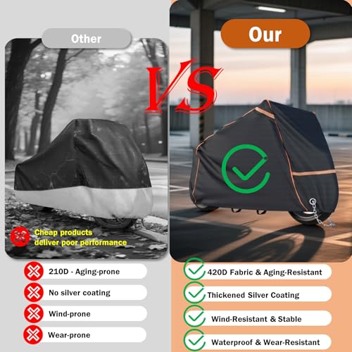 BENVOL 420D Heavy Duty Motorcycle Cover Waterproof Outdoor, 5000mm Rainproof Material Motorbike Cover with 2 Windproof Buckles, Lock Holes & Wide Reflective Strips, Anti-UV Sun Dust Protection - color: Black-XXXL(104*51*51)