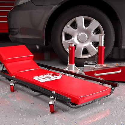 Big RED Torin Rolling Garage/Shop Creeper: 40" Padded Mechanic Cart with Adjustable Headrest and 6 Casters, Red