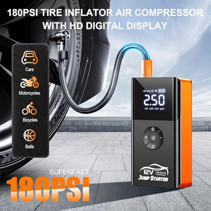 Jump Starter with Air Compressor, 8000A 180PSI, Portable Car Battery Jump Starter (All Gas/12L Diesel) 12V Automobile Jump Box Pack Chargers with Jumper Cables, 4-Mode LED Lights - color: Pumpkin Orange