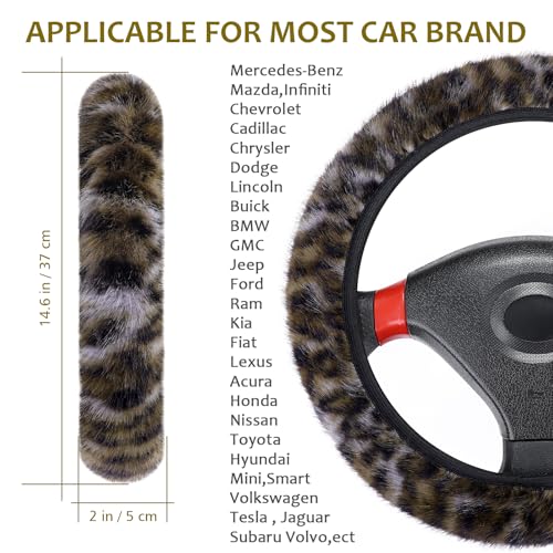 Accmor Fuzzy Steering Wheel Cover, Leopard Fluffy Car Wheel Cover for Women Men, Soft Furry Vehicle Steering Wheel Protector Warm Non-Slip Car Accessories 15 inch Universal Fit Auto, Suvs, Truck - color: Style A/Brown Leopard