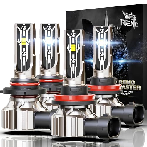 RENO 9005 H11 Bulb Combo, Fanless H8/H9/HB3 6500K White Fog Bulb, 4 PCS - size: 9005 H11