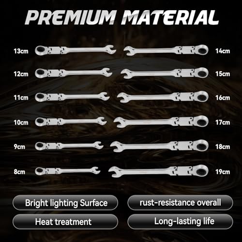 DISEN 12pcs Ratchet Wrenches Set Double Jointed, Metric Flex Head Ratcheting Wrench Set 8-19mm, Open End & Box End Combination Wrench, 72-Teeth, Cr-V Steel, with Heavy Duty Case - size: 12pc Metric Set
