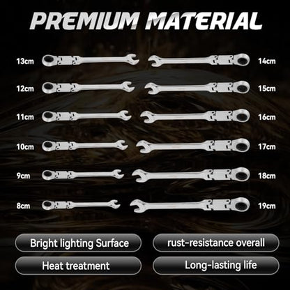 DISEN 12pcs Ratchet Wrenches Set Double Jointed, Metric Flex Head Ratcheting Wrench Set 8-19mm, Open End & Box End Combination Wrench, 72-Teeth, Cr-V Steel, with Heavy Duty Case - size: 12pc Metric Set