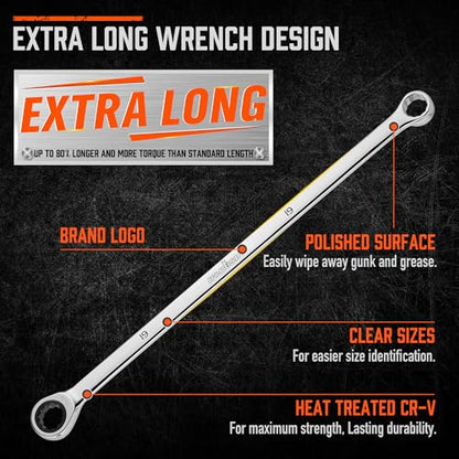 HORUSDY 9-Piece Extra Long Ratcheting Wrench Set, Double Box End Wrench Set with Tool Bag & Box, Metric 8-22mm, CR-V Steel - style: Long Ratcheting Wrench Set