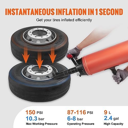 VEVOR Tire Seater, 2.4 Gal/9 L Air Tire Blaster, 150 PSI Handheld Portable Tire Inflator Tool, 87-116 PSI Operating Pressure for Tractor Truck ATV Car and Automobile Repair - size: 2.4 Gal/9 L