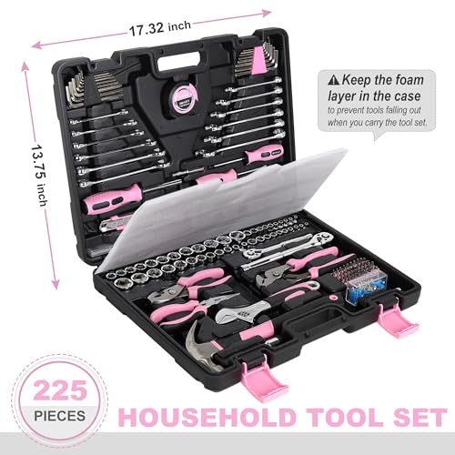 FASTPRO 225-Piece Pink Tool Set, Home Tool Kit with Tool Box