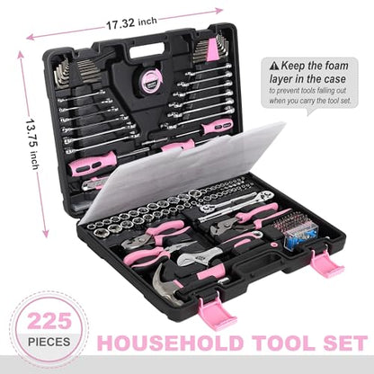 FASTPRO 225-Piece Pink Tool Set, Home Tool Kit with Tool Box