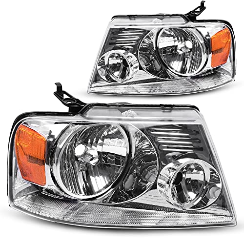 DWVO Halogen Headlight Assembly Compatible with 2004 2005 2006 2007 2008 Ford F150 Pickup 2006 2007 2008 Lincoln Mark LT Passenger and Driver Side Chrome Housing Amber Reflector - color: A Chrome Housing Amber Reflector Clear Lens, size: OE Replacement
