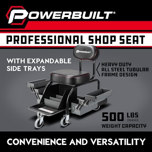 Powerbuilt Professional Mechanics Roller Seat, Heavy Duty Padded Detailer Seat and Backrest, Sliding Storage Drawers, Tool Tray, Can Holders, 4-Inch Swivel Wheels - size: Sliding Storage Drawers