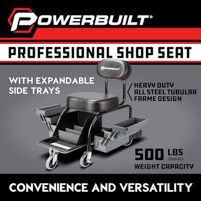 Powerbuilt Professional Mechanics Roller Seat, Heavy Duty Padded Detailer Seat and Backrest, Sliding Storage Drawers, Tool Tray, Can Holders, 4-Inch Swivel Wheels - size: Sliding Storage Drawers