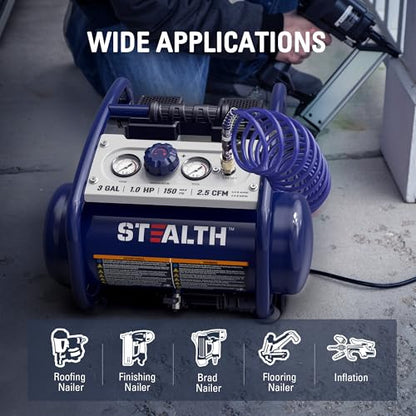 STEALTH Air Compressor 3 Gallon, Quiet Air Compressor, Oil-Free Air Tool, for Tire Inflator, Auto Repair, Woodwork Nailing (SAQ-1301) - style: SAQ-1301-FBA