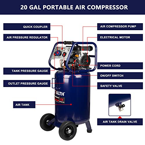 Stealth 20 Gallon Ultra Quiet Air Compressor,1.8 HP Oil-Free Peak 150 PSI 68 Decibel, 5.5 CFM @ 40 PSI 5 CFM @ 90 PSI Silent Long Life Electric Air Compressor W/Wheel for Garage - style: Vertical_VC