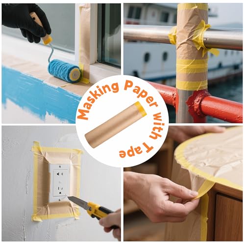 Painter's Pre-Taped Masking Paper and Masking Tape in one Kraft Paper Roll 8 Pack 12" x 65 Feet(Each roll) Total 520 feet Paper is PRE-Folded