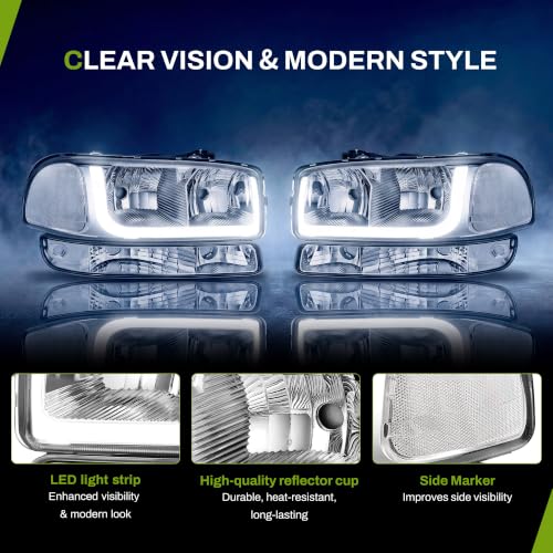 AUTOSAVER88 LED Headlight Assembly Compatible with 1999-2006 GMC Sierra - color: LED - Chrome/Clear/Clear