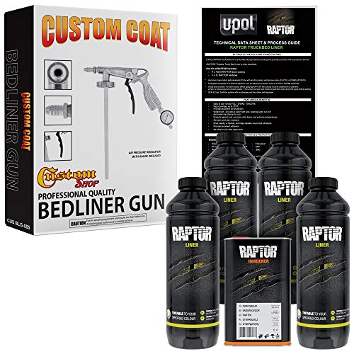 CUSTOM SHOP U-Pol Raptor Tintable Urethane Spray-On Truck Bed Liner Kit and Custom Coat Spray Gun with Regulator, 4 Quart Kit - color: Tintable, size: 4 Quart Kit