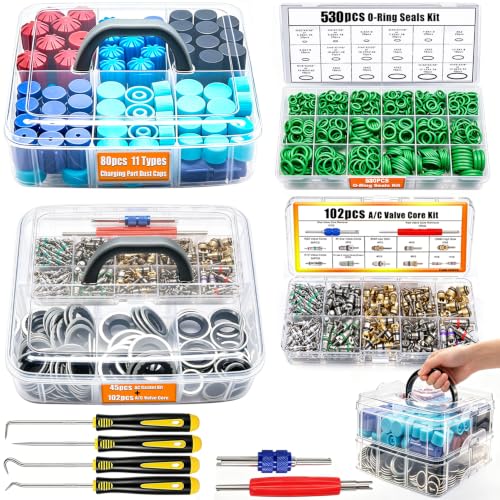 Taiss 5 Set Car A/C Repair Kits,102PCS A/C Valve Core Kit+270pcs AC O-Ring Seals Kit+80pcs Valve Core Caps+45pcs A/C Compressor Seal Washers Kit+4PCS Remove Tool (501PCS) - color: 501PCS