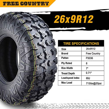 Free Country Set2 Premium ATV/UTV Tires 26x9R12 8PR Radial Side Scuff Guard - size: 26X9R12