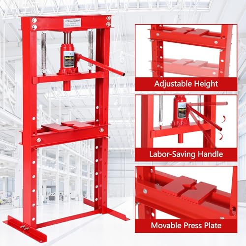 12 Ton H-Frame Hydraulic Shop Press, Adjustable Table & Press Plates Red - color: 12T-Red