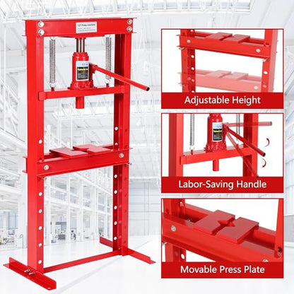 12 Ton H-Frame Hydraulic Shop Press, Adjustable Table & Press Plates Red - color: 12T-Red