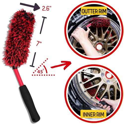 oesee Wheel Brush Kit 3 Pack- Microfiber Wheel Brush, Wheel Barrel Brush, Detailing Brush Scratch Free Calipers Wool Spoke Brush Cleans Brake Dust from Barrels& Hard to Reach Areas - color: Red/Black, size: 3-Pack