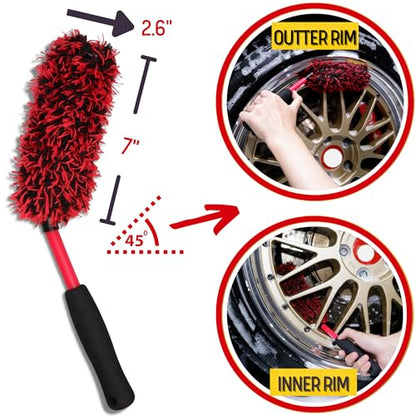 oesee Wheel Brush Kit 3 Pack- Microfiber Wheel Brush, Wheel Barrel Brush, Detailing Brush Scratch Free Calipers Wool Spoke Brush Cleans Brake Dust from Barrels& Hard to Reach Areas - color: Red/Black, size: 3-Pack