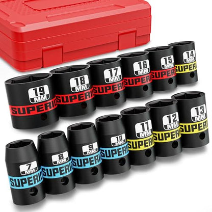 13 Piece 3/8" Drive Impact Socket Set, 7 mm-19 mm Shallow Socket, Metric, 6 Point, CR-V, Automotive Motorcycle and Bicycle Maintenance, Machinery Manufacturing - size: 3/8" Shallow Metric