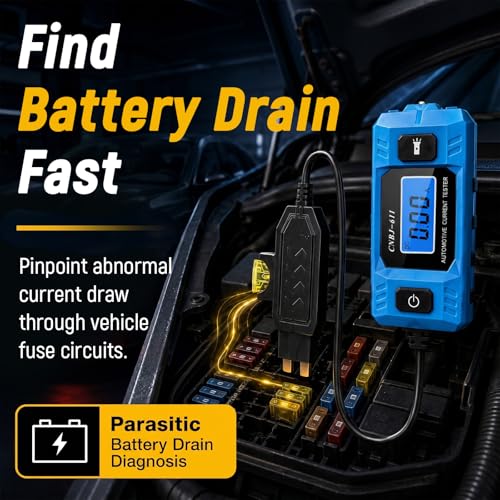 Automotive Circuit Fault Probe Tester, 20A 48V Parasitic Battery Drain Tester for Car Fuse Circuits, Inline Current Monitor with Digital Display, LED Work Light, Mini & Standard Blade Fuse Compatible