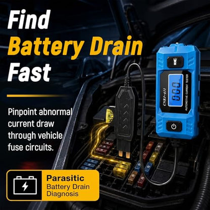 Automotive Circuit Fault Probe Tester, 20A 48V Parasitic Battery Drain Tester for Car Fuse Circuits, Inline Current Monitor with Digital Display, LED Work Light, Mini & Standard Blade Fuse Compatible