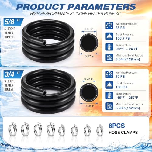 3/4" & 5/8"Heater Hose, Silicone Heater Hose 5 FT Each, 8 Clamps - size: 5ft, 3/4" & 5/8"