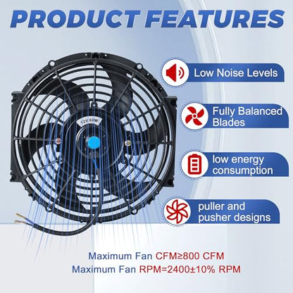 10 Inch Black Universal Electric Radiator Slim Fan 12V 80W High Performance Cooling Push Pull w/Mounting Kit 1PCS - size: 10” 1PC
