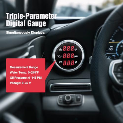 Triple Gauge Set 3in1,Water Temp (104°F-248°F), Oil Pressure (0-145PSI), Voltmeter (9-32V), AUTO Gauge with Digital Display Alarms for Cars Trucks Boats (Red) - color: Red