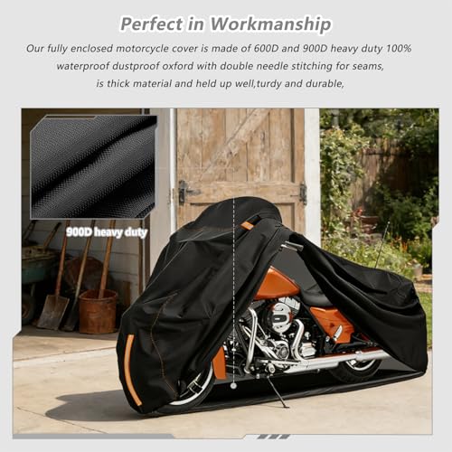 Full Enclosed Motorcycle Cover Waterproof,Heavy Duty 600D Oxford Outdoor Indoor Motorcycle Full Cover with All-Round Enclosed Zipper and Reflective Strips,Fits Most Heavy Duty Scooter Moped Motorcycle - size: 96" W x 43" D x 56" H