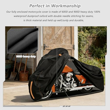 Full Enclosed Motorcycle Cover Waterproof,Heavy Duty 600D Oxford Outdoor Indoor Motorcycle Full Cover with All-Round Enclosed Zipper and Reflective Strips,Fits Most Heavy Duty Scooter Moped Motorcycle - size: 96" W x 43" D x 56" H