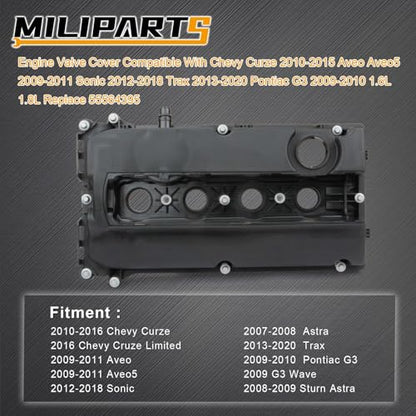 Engine Valve Cover Compatible with Chevy Cruze 2010-2016 Aveo Aveo5 2009-2011 Sonic 2012-2018 Trax 2013-2020 Pontiac G3 2009-2010 1.6L 1.8L Replace 55564395