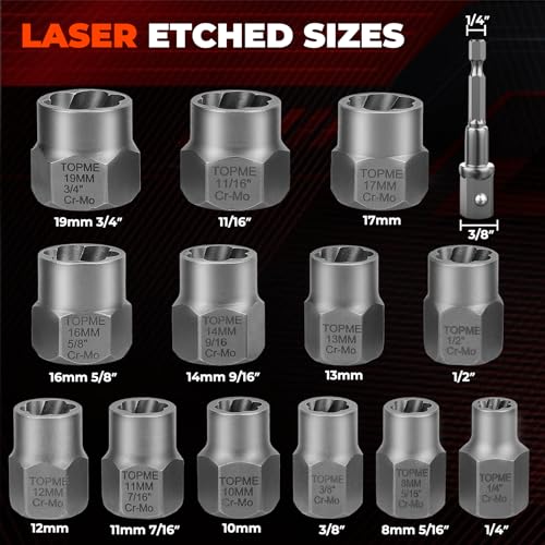Bolt Extractor Kit,14 Piece Impact-Grade CR-MO Steel Nut Remover Set