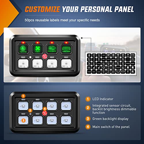 Nilight 8 Gang Switch Panel System Circuit Control Relay System Fuse Wiring Harness Automatic Dimmable ON Off LED Switch Pod for 12V Cars Trucks Campers SUV, 2 Years Warranty - color: Green, size: 8 Gang Switch