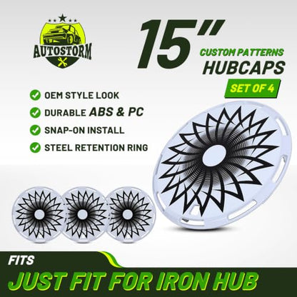 15" Universal Full-Size Hubcaps, 15 Inch Steel Wheels-White-Flower Bloom - color: White-Flower Bloom, size: 15 Inch