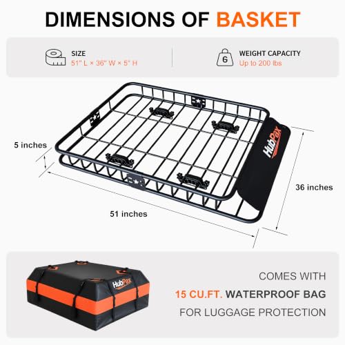 Roof Mount Cargo Carrier Basket & 15 Cu Ft. Waterproof Cargo Bag - size: 15 Cubic feet