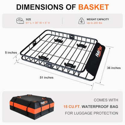 Roof Mount Cargo Carrier Basket & 15 Cu Ft. Waterproof Cargo Bag - size: 15 Cubic feet