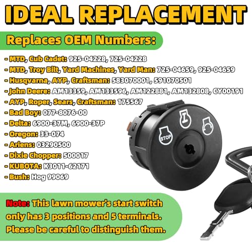 Ignition Starter Switch 3 Position 5 Terminals 925-04228 with Key for Craftsman, Troy-Bilt, MTD, Cub Cadet, Husqvarna, JD, AYP, Bad Boy Delta, Replace 725-04228 725-04659 925-04659 - size: 725-04228