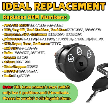 Ignition Starter Switch 3 Position 5 Terminals 925-04228 with Key for Craftsman, Troy-Bilt, MTD, Cub Cadet, Husqvarna, JD, AYP, Bad Boy Delta, Replace 725-04228 725-04659 925-04659 - size: 725-04228