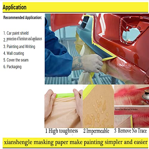 xianshengle Pre-Taped Masking Paper for Painting Tape and Drape Painters Paper, Paint Adhesive Protective Paper Roll for Car and Furniture Protection (6)